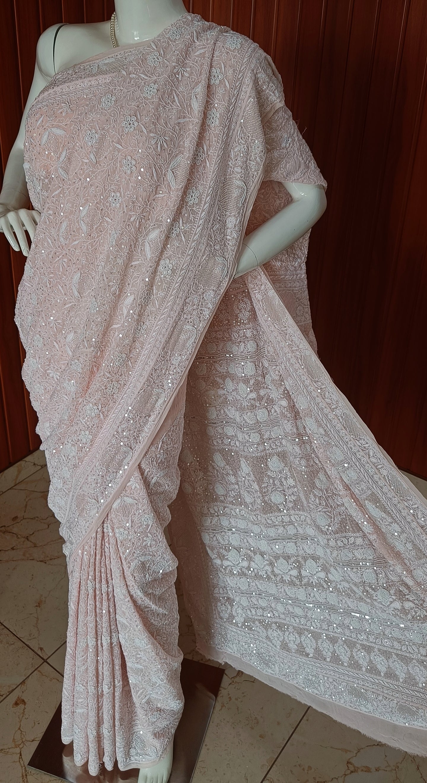 Ruhani Soft Peach 2 and 3 taar Chikankari Masterpiece Saree